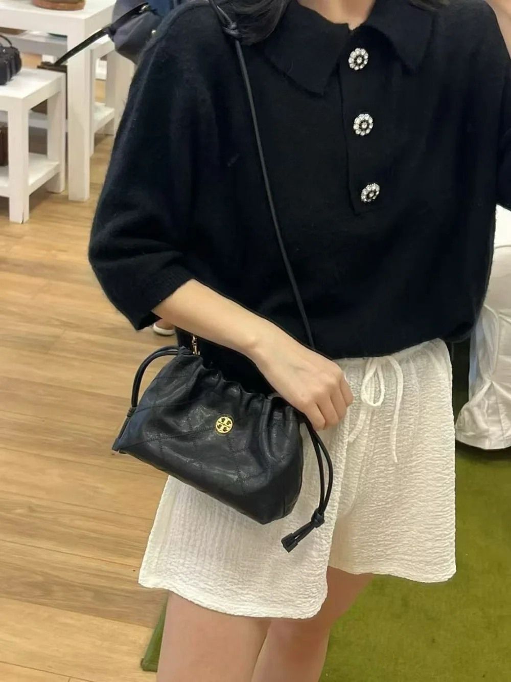 NWT Tory Burch Black Quilted Drawstring Mini Crossbody with Gold Logo